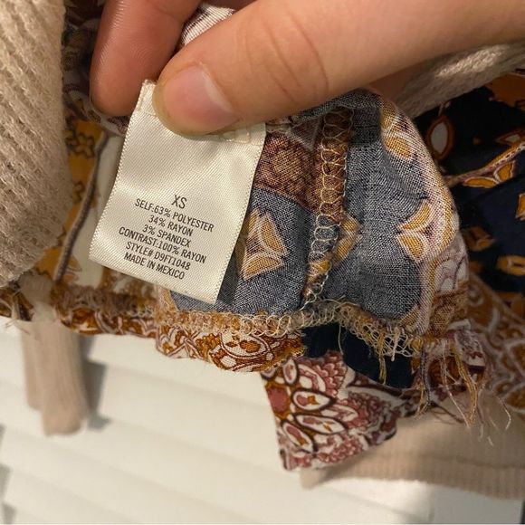 Blue Rain XS Thermal Mixed Material Boho Patchwork Tie Back Long Sleeve Top - Picture 5 of 8